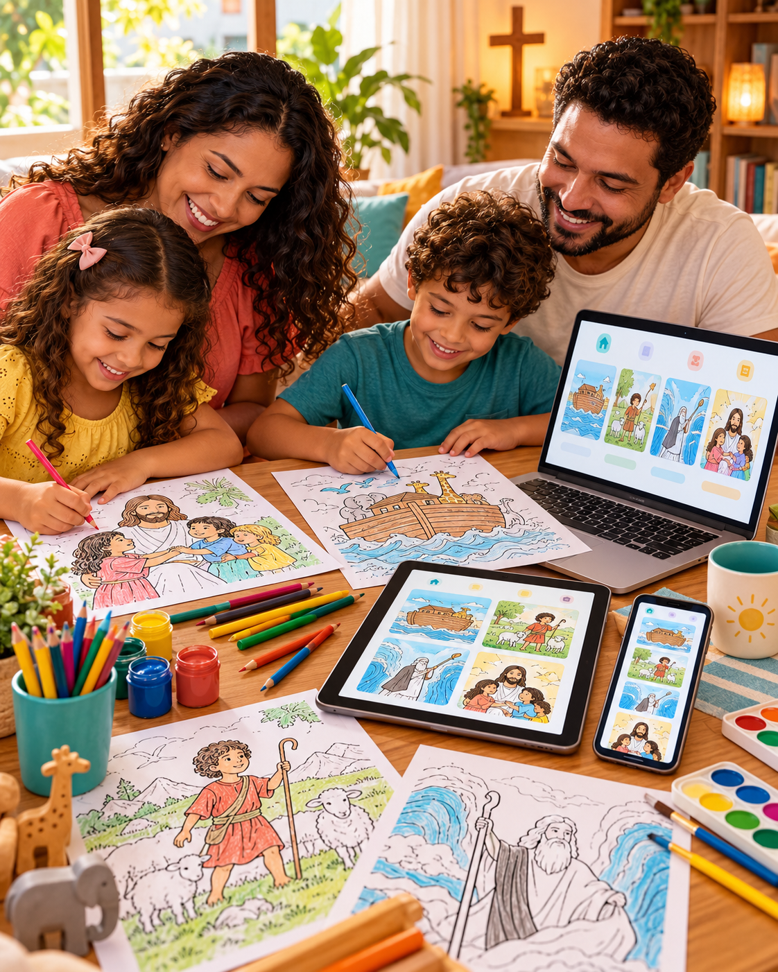 Família reunida à mesa colorindo atividades bíblicas, com os livros digitais exibidos em computador, tablet e celular